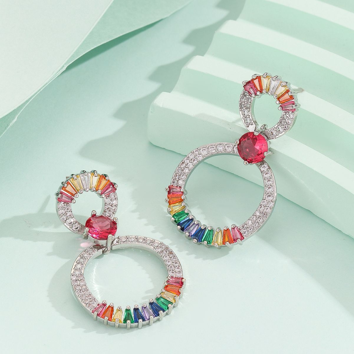 Fashion  Style Earrings Micro Inlaid Colorful Zircon Earrings Super Sparkling Double Hoop Round Personality High-end Temperament Earrings