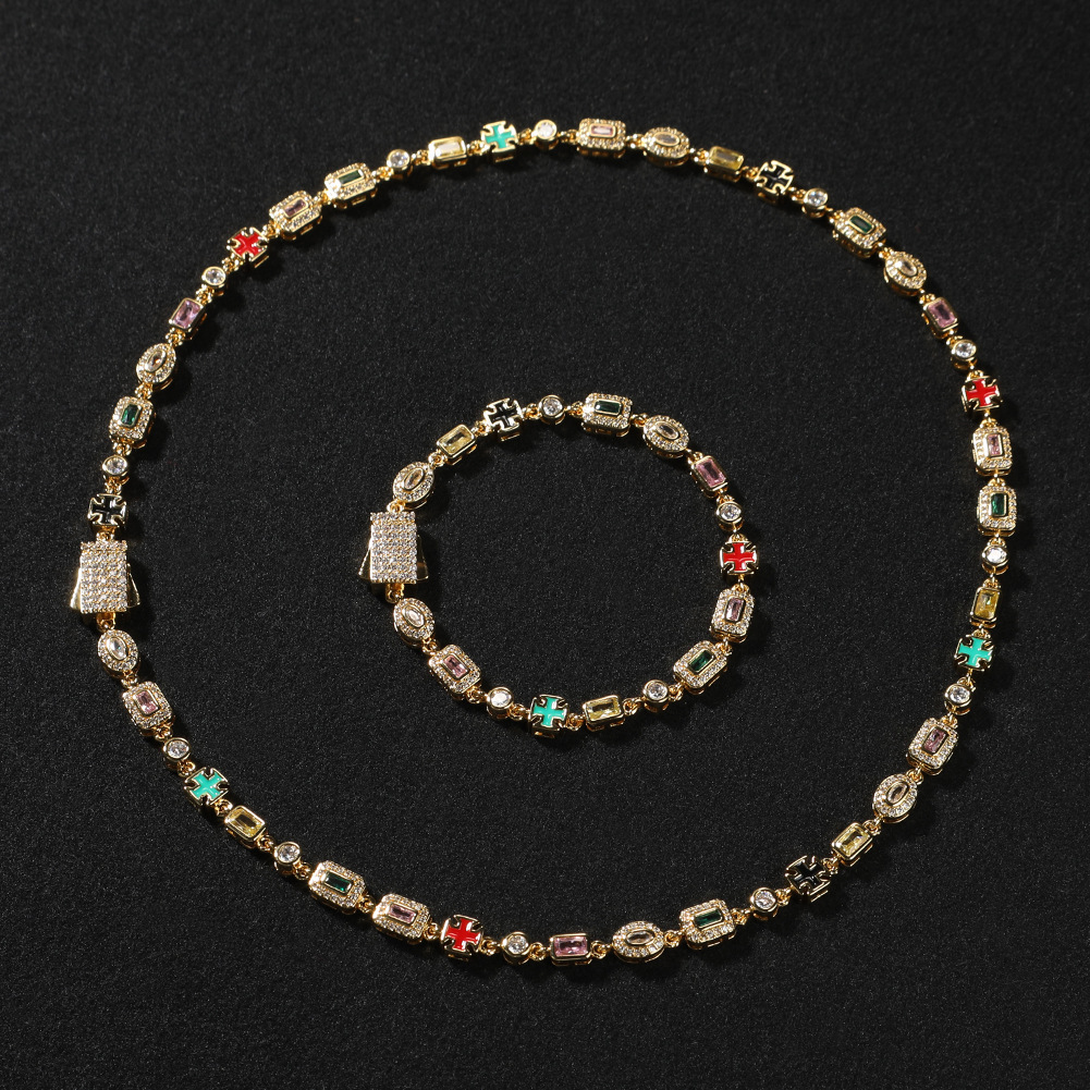 Colorful Gemstone Bracelet Unisex Hip-Hop Style Gold-Plated Copper Geometric Pattern Fashion Jewelry Inlaid Diamond Trendy Necklace Suitable For Men And Women