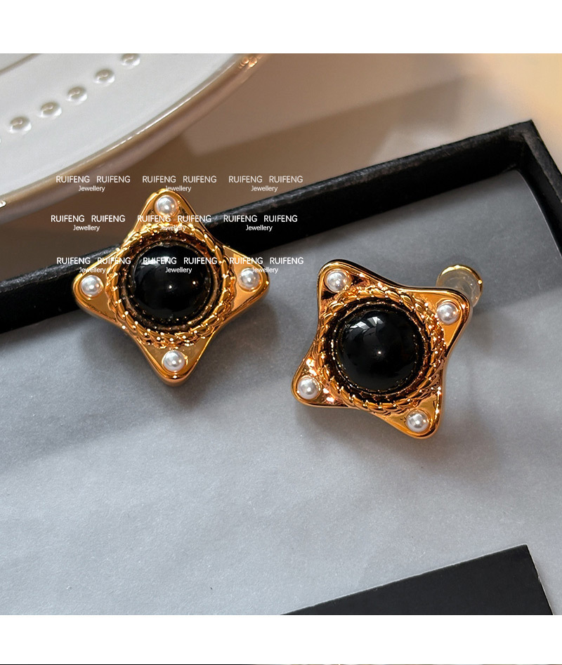 Fashionable Square Black Agate Pearl Stud Earrings Luxury Simple Stylish European Style Women's Jewelry Accessories