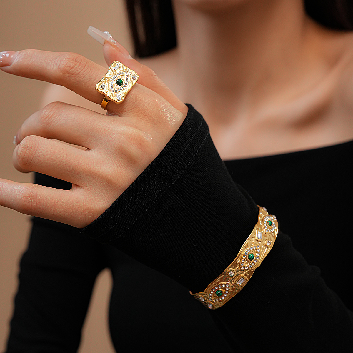 Graceful Turquoise Eye-shaped Open Ring Bracelet For Women Vintage Court Style Geometric Pattern 304 Stainless Steel Inlaid Diamond Hand Jewelry