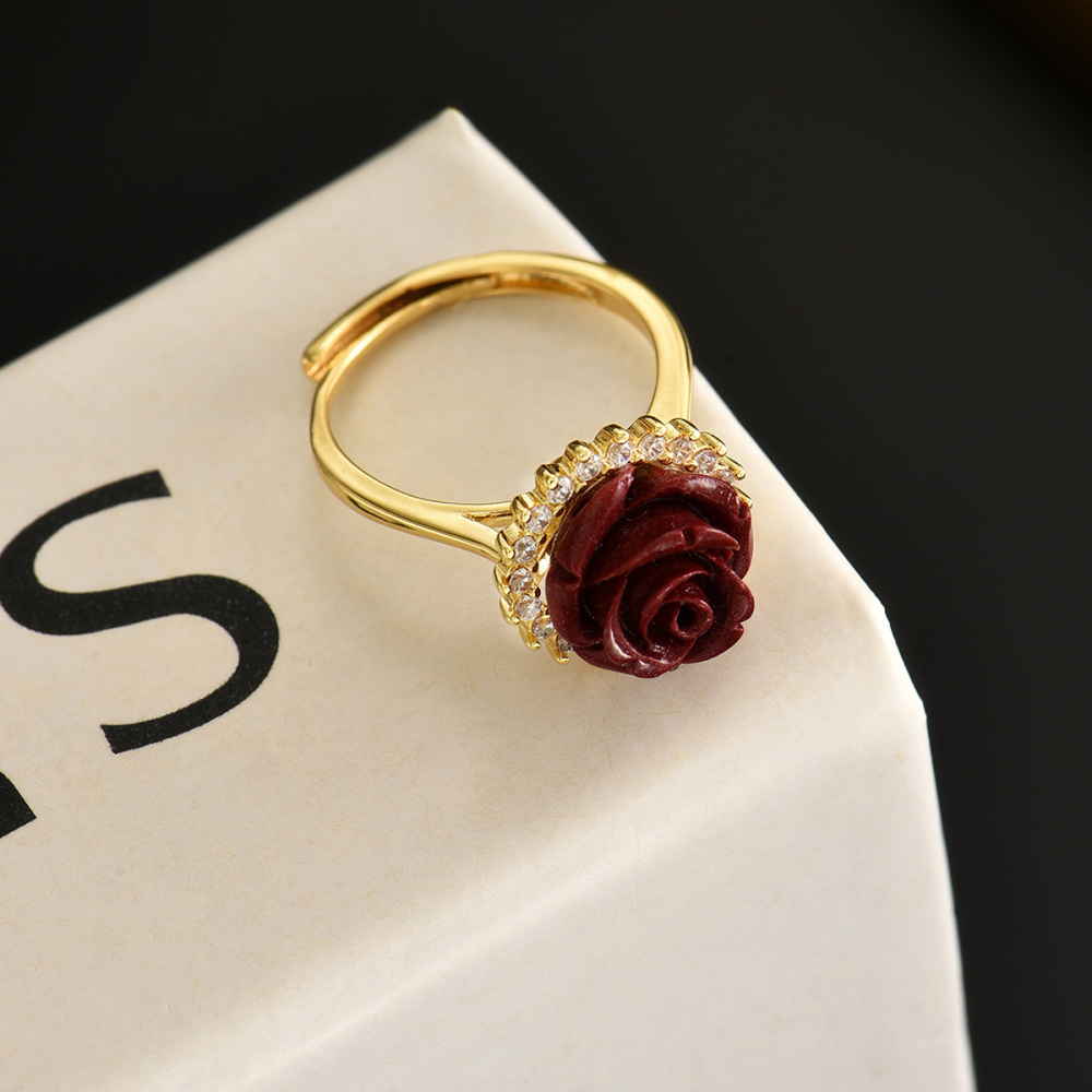 1 Piece Copper Inlaid Zircon And Cinnabar Material Rose Shape Vintage Simple High-end Sense Women's Ring Party Banquet Jewelry Accessories