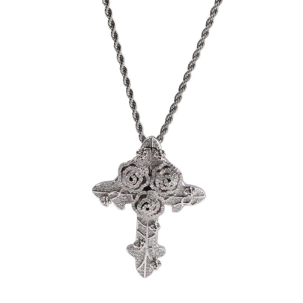 Fashion Style Rose Cross Zircon Pendant Twisted Chain Necklace Unisex Couple Accessories Geometric Pattern Copper Material