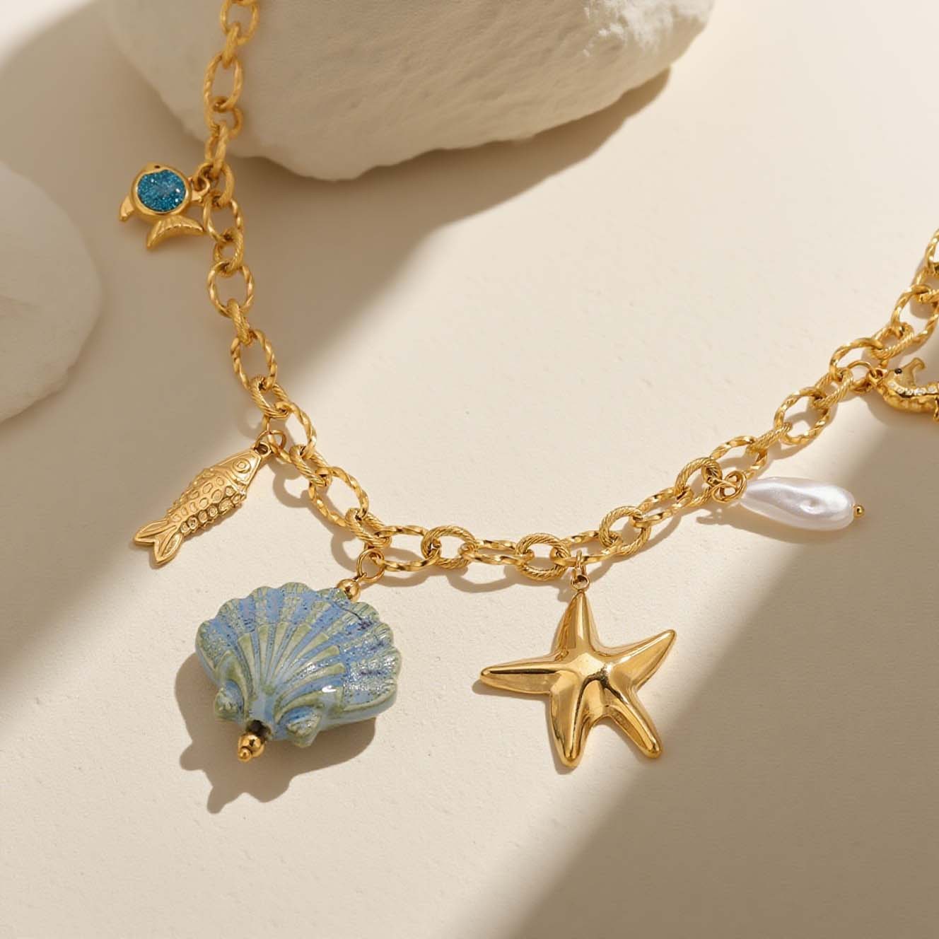 Waterproof Stainless Steel Fan Shell Necklace Women's Vacation Beach Holiday Starfish Pendant High-End Feeling Jewelry
