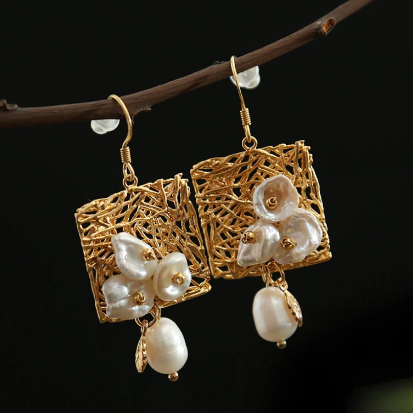 New Style Hollow Out Geometric Square Pearl Nest Unique Personality Trendy Earrings Fashionable Women's Jewelry Accessories