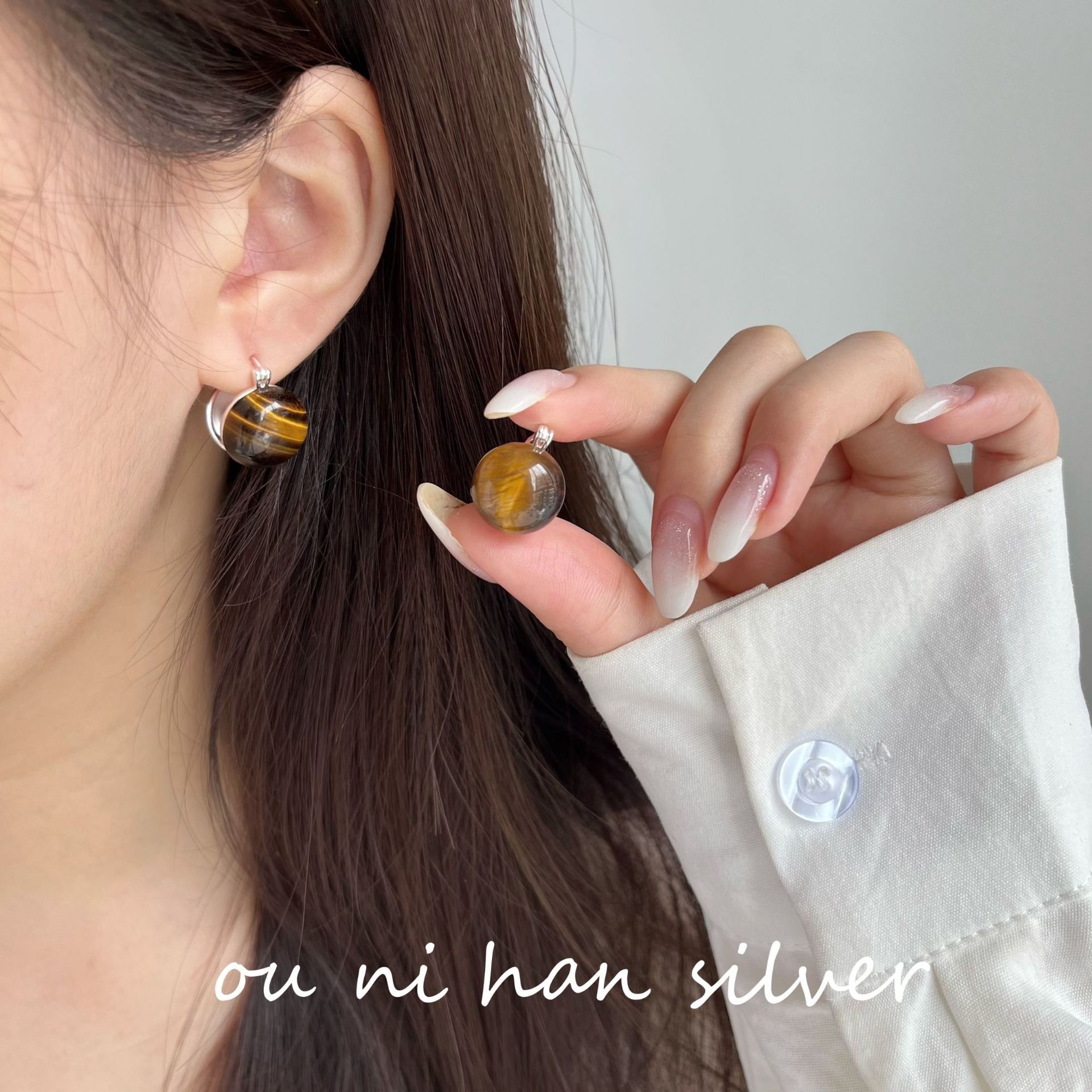 Eoni New Heavy Industry S925 Pure Silver Agate Tiger Eye White Opal Ear Cuffs Women Elegant High-End Feelings Geometric Pattern Cat's Eye Stone Inlaid Silver Earrings