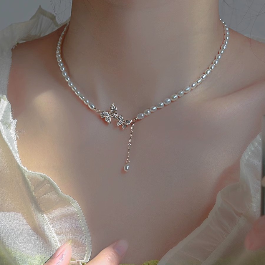 High-Quality Freshwater Pearl Choker Necklace With Natural Strong Light Double Butterfly Tassel Pendant Fashionable Women's Jewelry