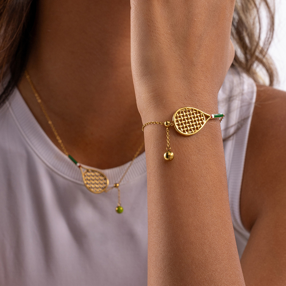 Ladies' Sporty Style Tennis Racket Pendant Necklace Bracelet Set Stainless Steel Green Drip Oil Colorful Jewelry Accessories