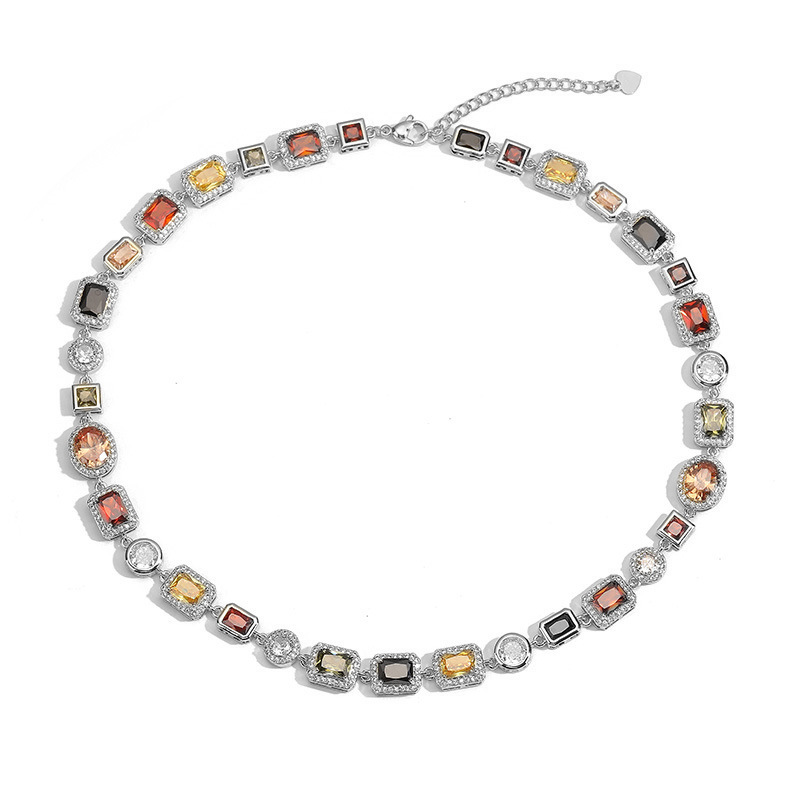 Retro Luxury Geometric Color Diamond Embedding Bracelet Necklace Set Palace Style Fashion Jewelry Accessories For Women