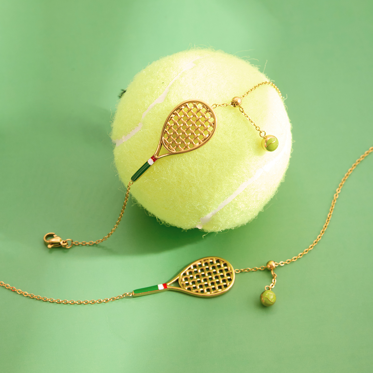 Ladies' Sporty Style Tennis Racket Pendant Necklace Bracelet Set Stainless Steel Green Drip Oil Colorful Jewelry Accessories