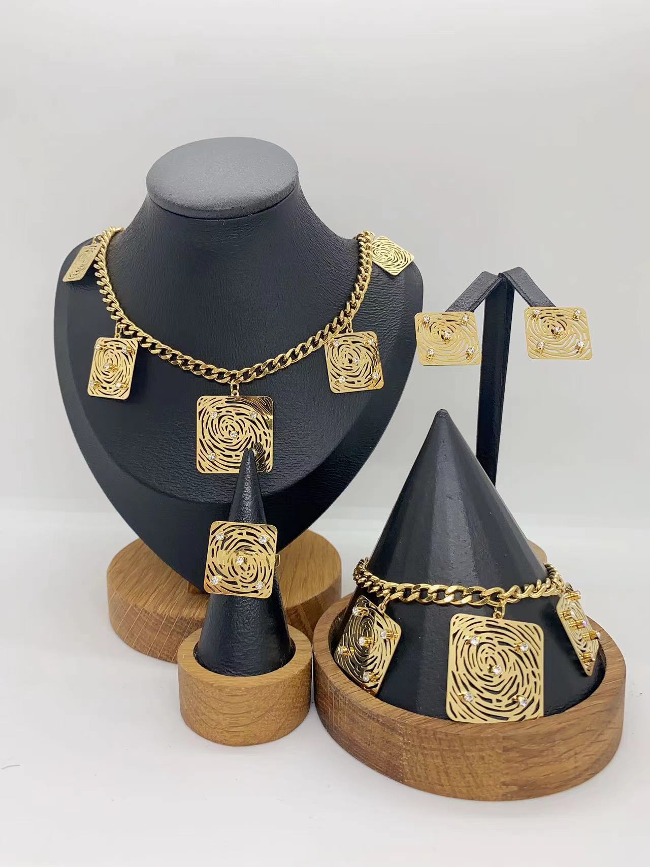 European And American Fashion Trend Ins Style Exaggerated 304 Stainless Steel Hollow Round Square Necklace Earrings Ring Bracelet Set