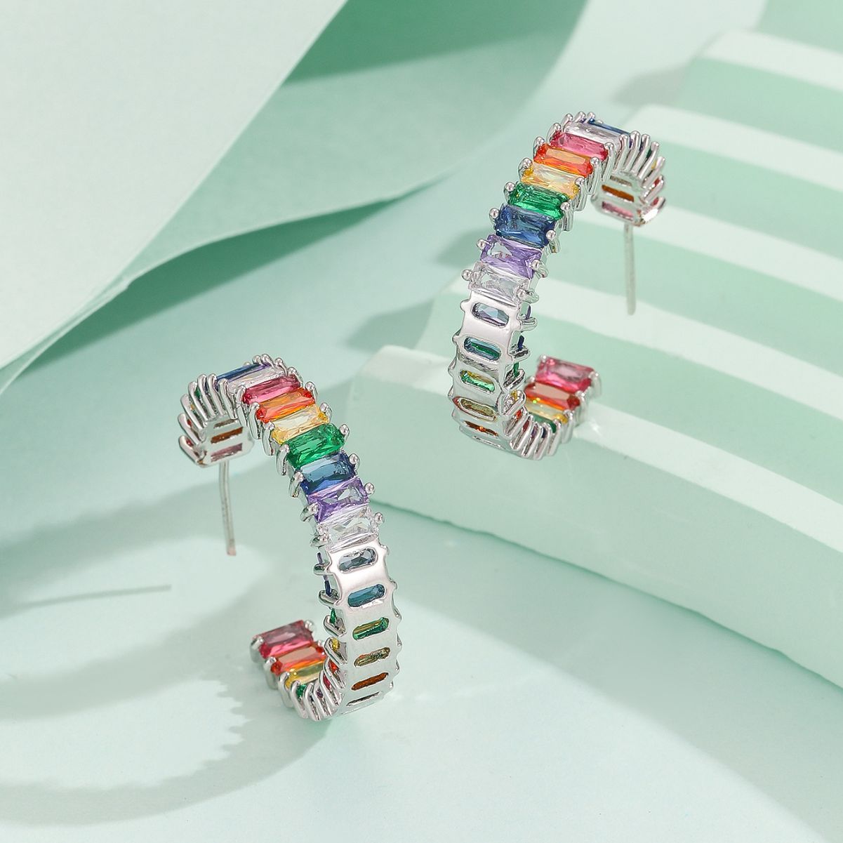Colorful Zirconia Stud Earrings Stylish Versatile Elegant Popular  C-Shaped Hoop Earrings For Women
