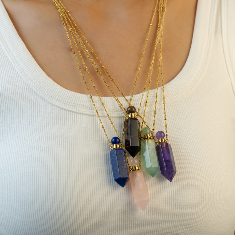 Natural Crystal Round Bead Hexagonal Column Perfume Bottle Stainless Steel Necklace Pointed Cone Aromatherapy Bottle Women's Luxurious Style Jewelry Accessories