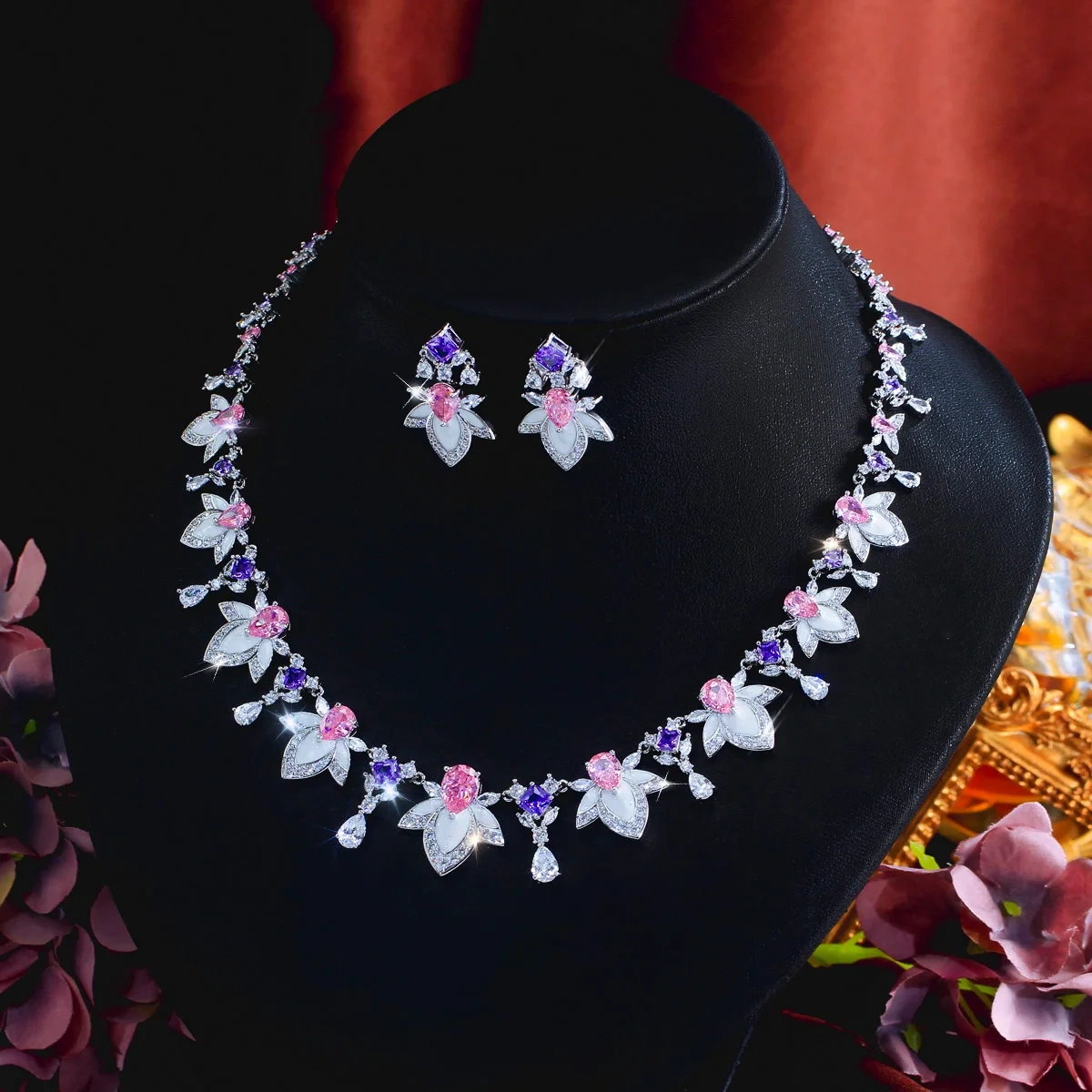 Copper Jewelry Two-Piece Set Luxurious Elegant Colorful Cubic Zirconia Enamel Floral Necklace Earring Set Suitable For Women's Weddings And Parties