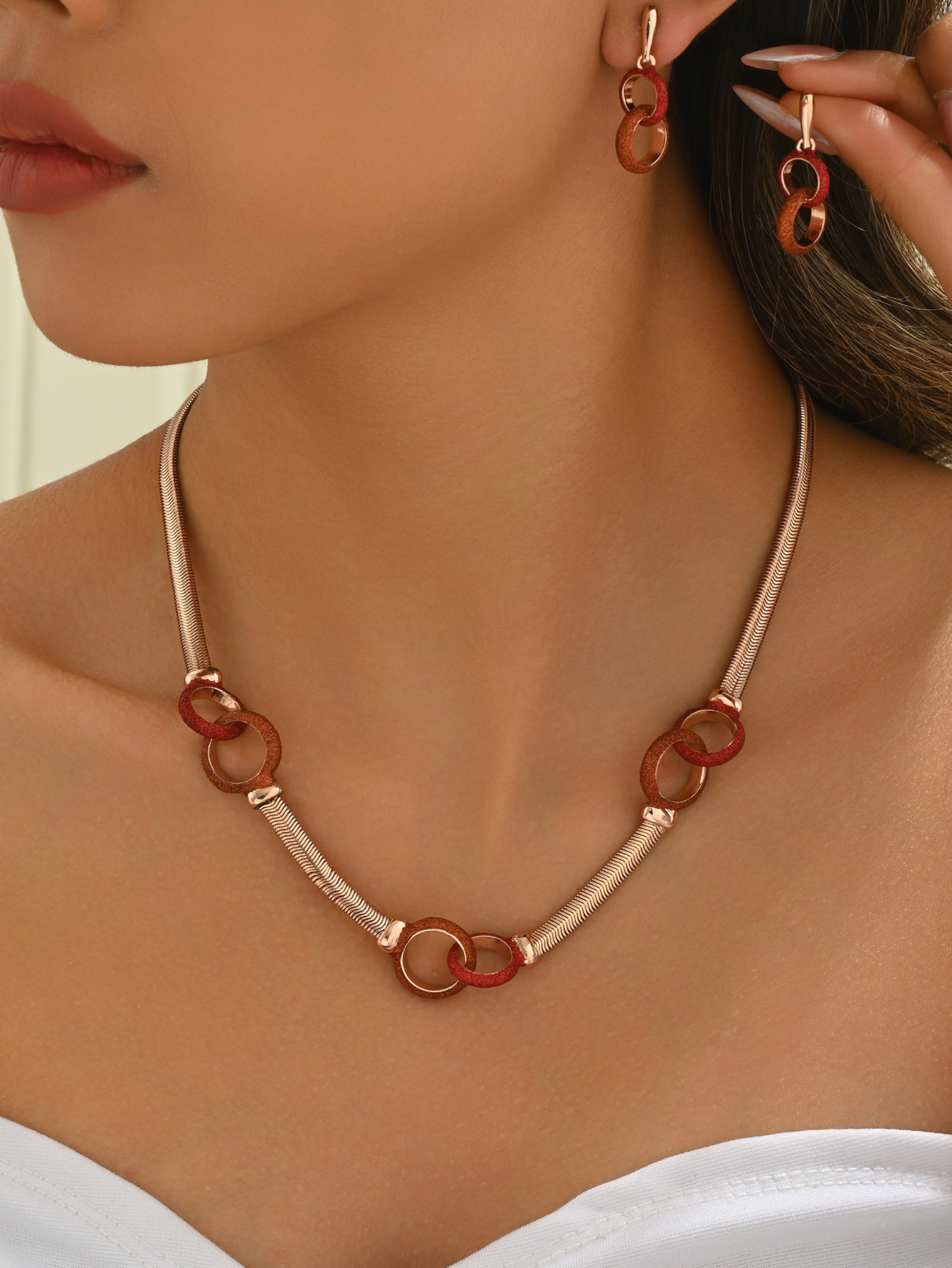 Gold Powder Necklace And Earrings Set For Women Snake Chain Color Retention Jewelry Set Popular  Styles
