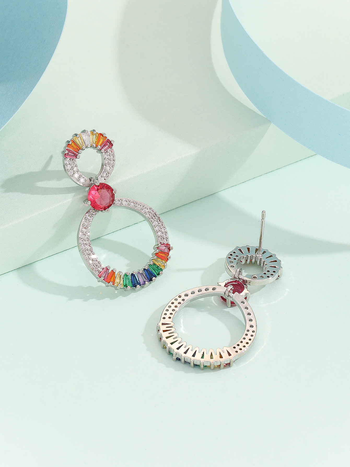 Fashion  Style Earrings Micro Inlaid Colorful Zircon Earrings Super Sparkling Double Hoop Round Personality High-end Temperament Earrings