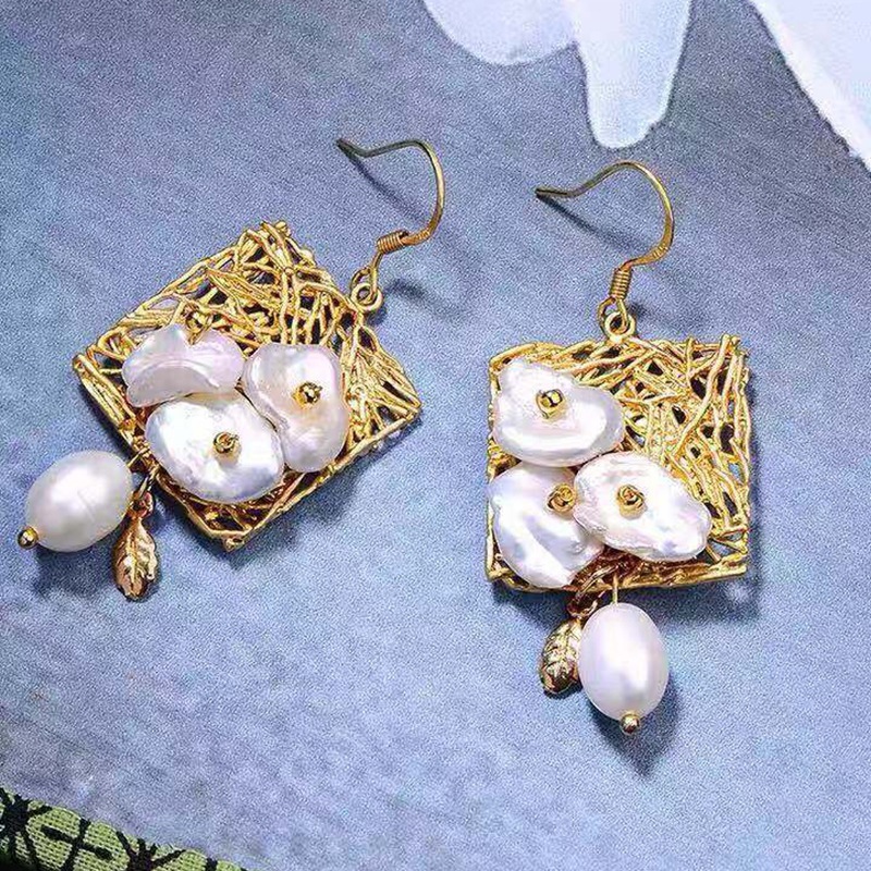 New Style Hollow Out Geometric Square Pearl Nest Unique Personality Trendy Earrings Fashionable Women's Jewelry Accessories