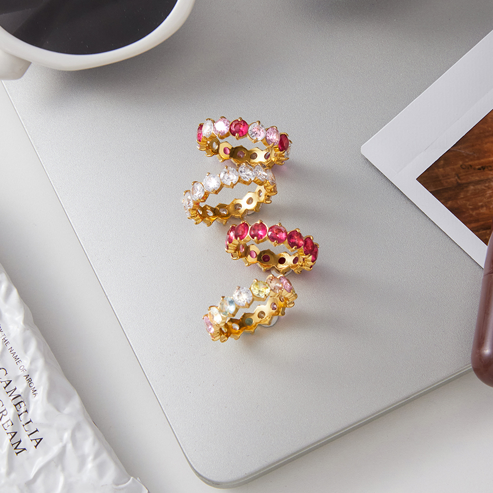 Women's Classic Style 18K Gold Stainless Steel + Zircon Inlaid Pink White Round Zircon Ring Size 7