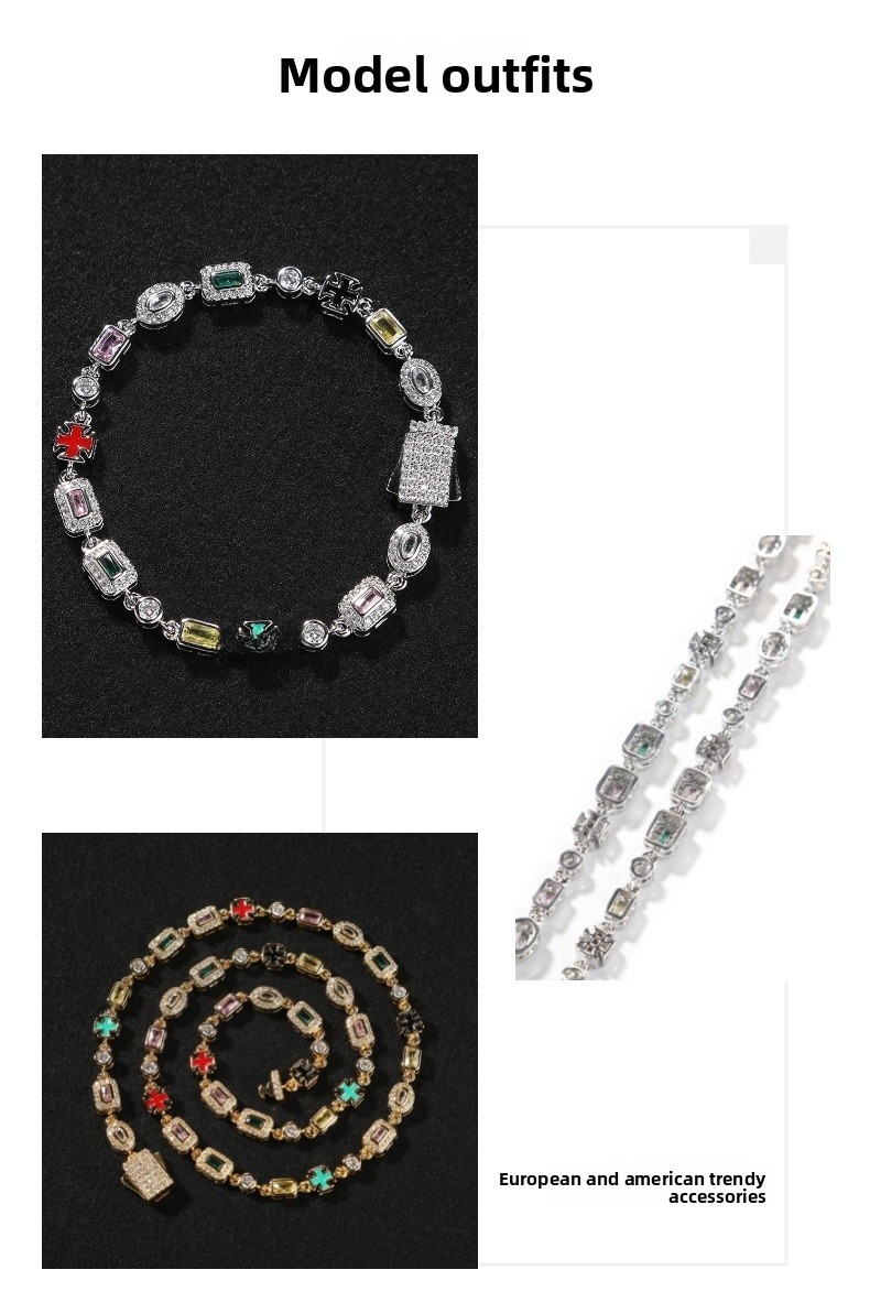 Colorful Gemstone Bracelet Unisex Hip-Hop Style Gold-Plated Copper Geometric Pattern Fashion Jewelry Inlaid Diamond Trendy Necklace Suitable For Men And Women