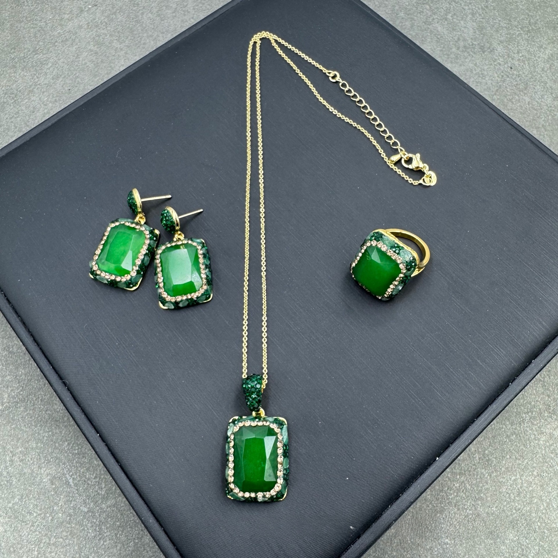 Ethnic Style Classic Style Square Copper Malay Jade Rings Earrings Necklace In Bulk