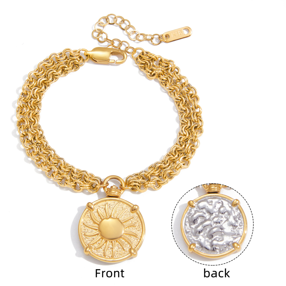 Designer Ladies Classic Style Coin Pendant Stainless Steel Gold And Silver Double Chain Bracelet 18K Gold Plated 18+5cm