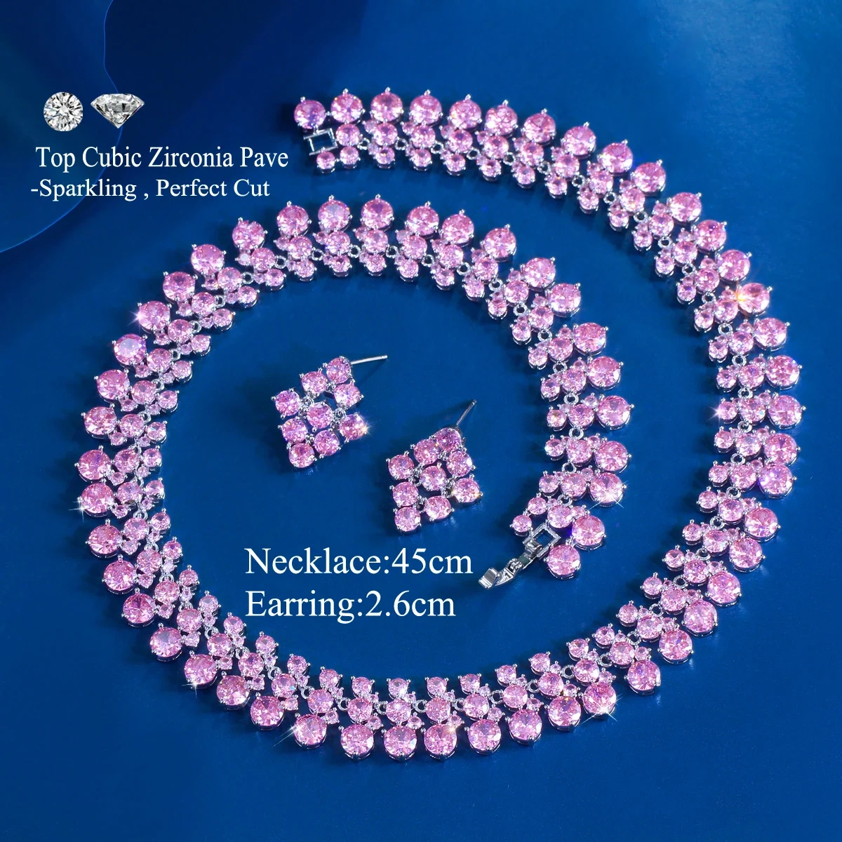 Luxury Shiny Pink Round Cubic Zircon Bridal Wedding Necklace 2pcs Sets For Women Nigerian African Party Jewelry