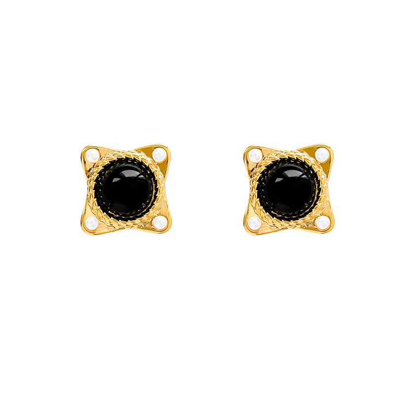 Fashionable Square Black Agate Pearl Stud Earrings Luxury Simple Stylish European Style Women's Jewelry Accessories