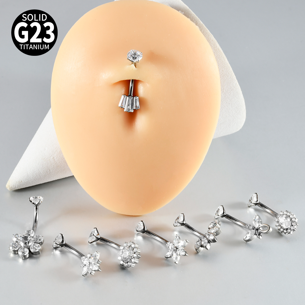 Titanium Navel Piercing Belly Button Ring Moon Zircon Heart Shaped Flower Butterfly Pendant Body Piercing Jewelry Accessories