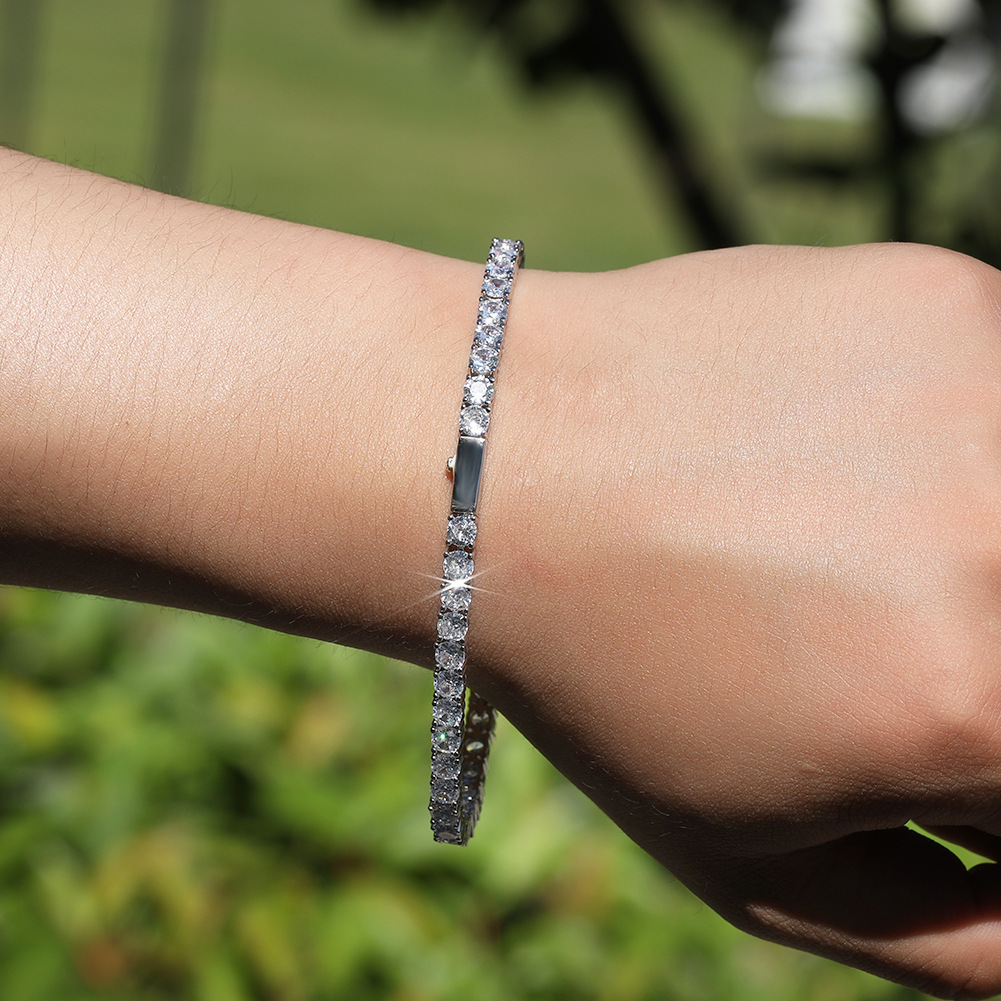 Classic Hip-Hop Single Row Bracelet 4mm Copper Inlaid Zirconia Gold-Plated Geometric Pattern Spring Clasp Fashion Simple Inlaid Diamond Bracelet Unisex