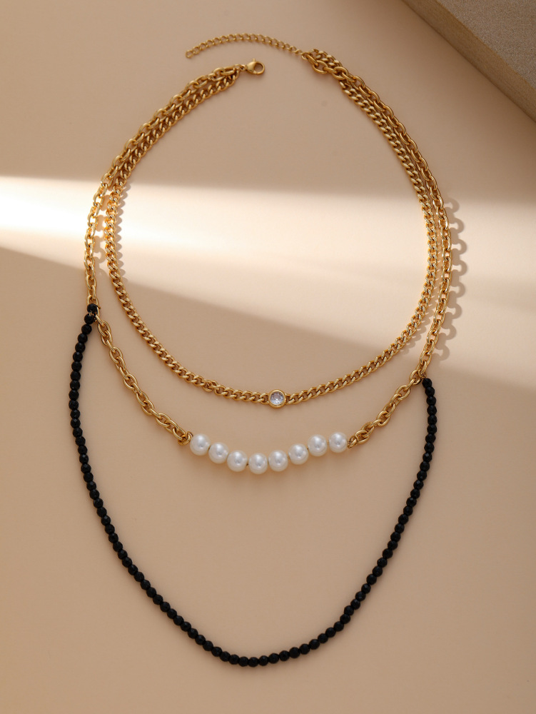 Personalized Design Crystal Imitation Pearl Stitching Titanium Steel Geometric Pattern Women's Necklace Jewelry Accessories