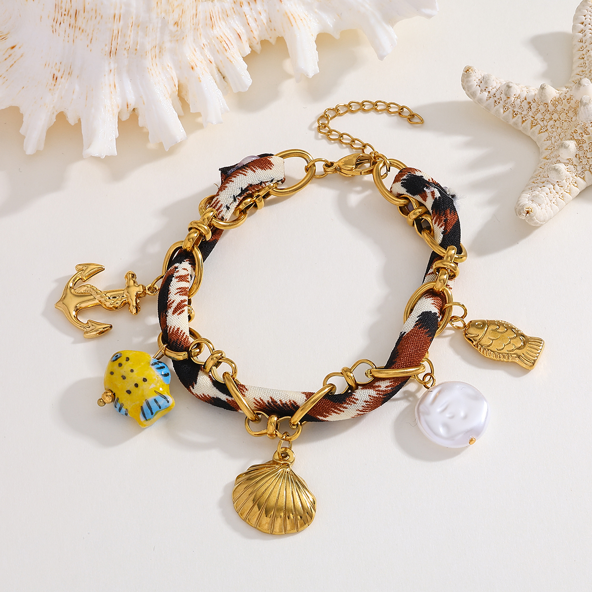 Casual Elegant Classical Starfish Crab Shell 304 Stainless Steel Bandana 18K Gold Plated Silk Scarf Cord Cloth Strip Bracelets In Bulk