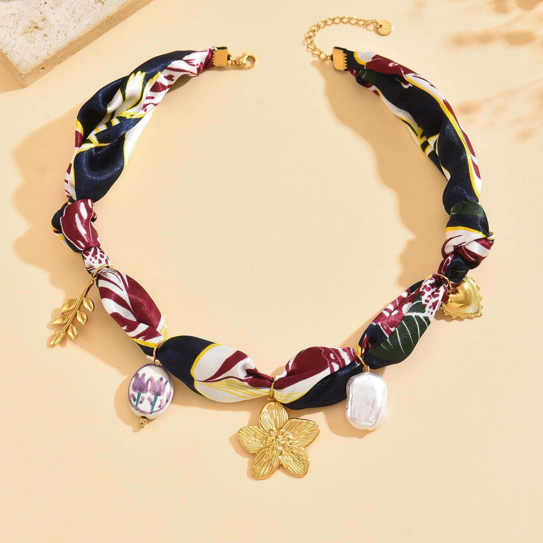Bohemian Style Long Silk Scarf Necklace Luxury Heart Flower Pendant Artistic Personality Jewelry Gift For Women