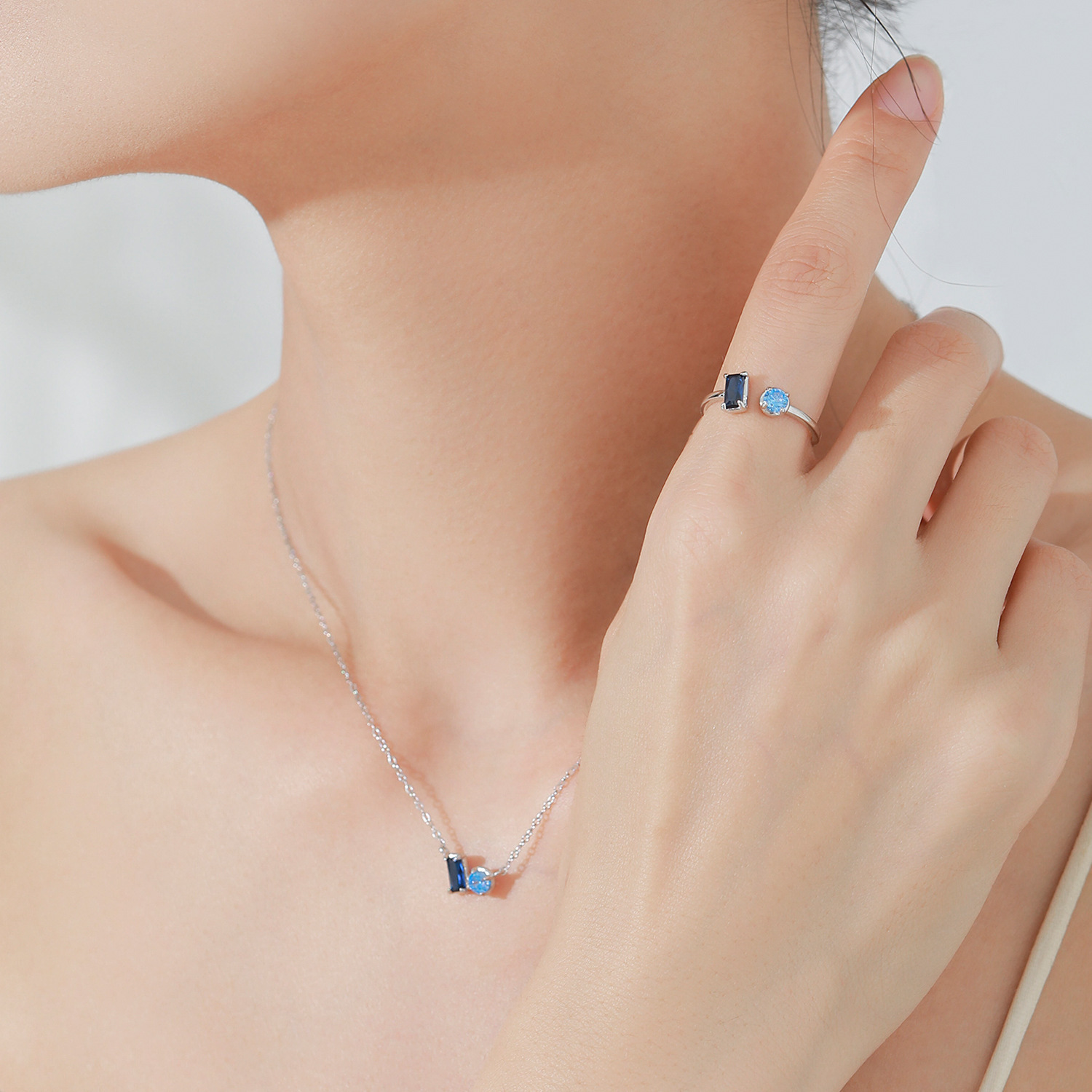 New S925 Sterling Silver Elegant Sapphire Square Round Diamond Ear Stud Necklace Ring Fashion Temperament Jewelry Suit