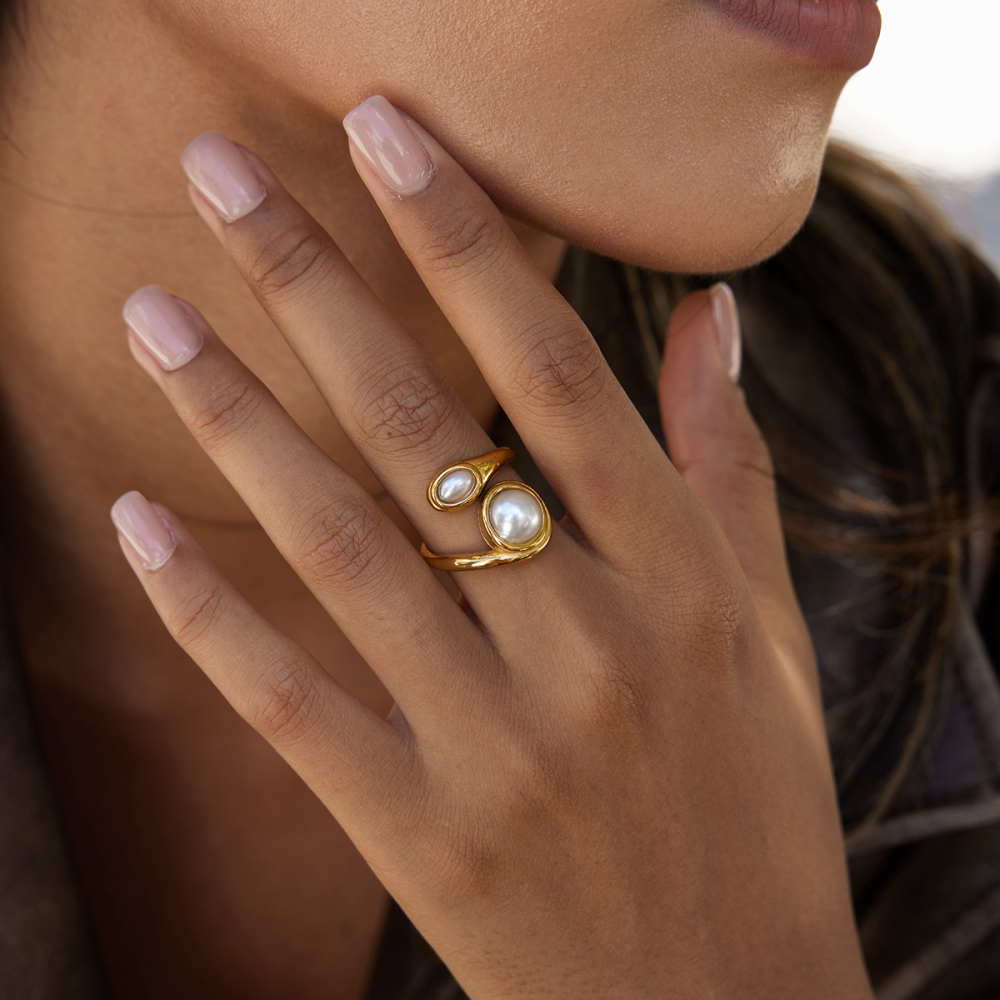 Elegant Open Ring For Ladies Resin Pearl Stainless Steel 18K Gold Vacuum Plating Pearl Pattern High Quality 304 Stainless Steel
