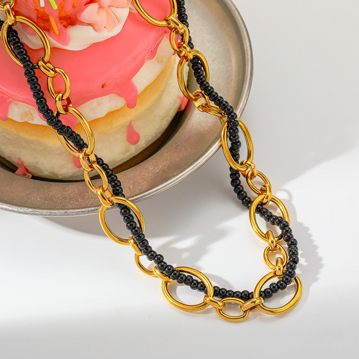 Simple Design 18K Gold Plated Stainless Steel Rice Bead Round Beaded Necklace Casual Romantic Classic Style Lobster Clasp