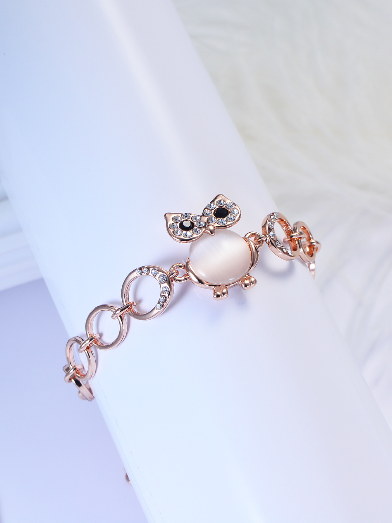Handmade Rose Gold Cat's Eye Stone Small Animal Cute Moonstone Owl Bracelet Minimalist Style Jewelry For Women Business Occasion