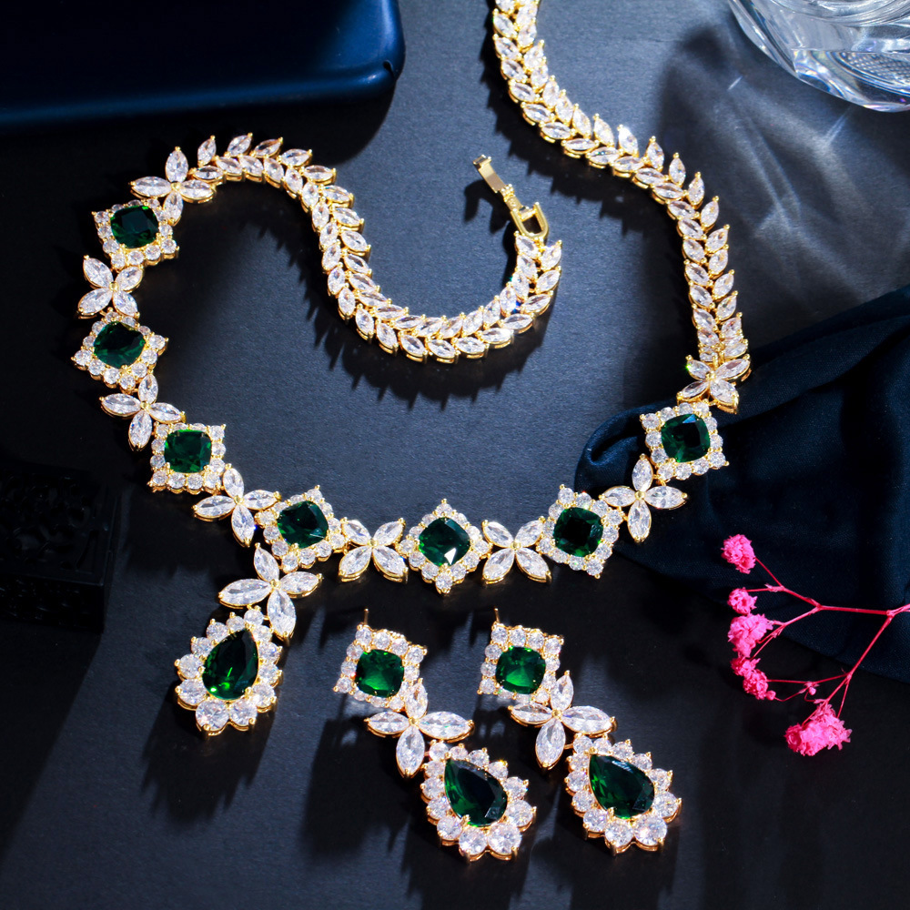 Ruili Flower Zircon Necklace And Earrings Set For Women, Emerald Gemstone Wedding Dress Jewelry Accessories, Water Plating