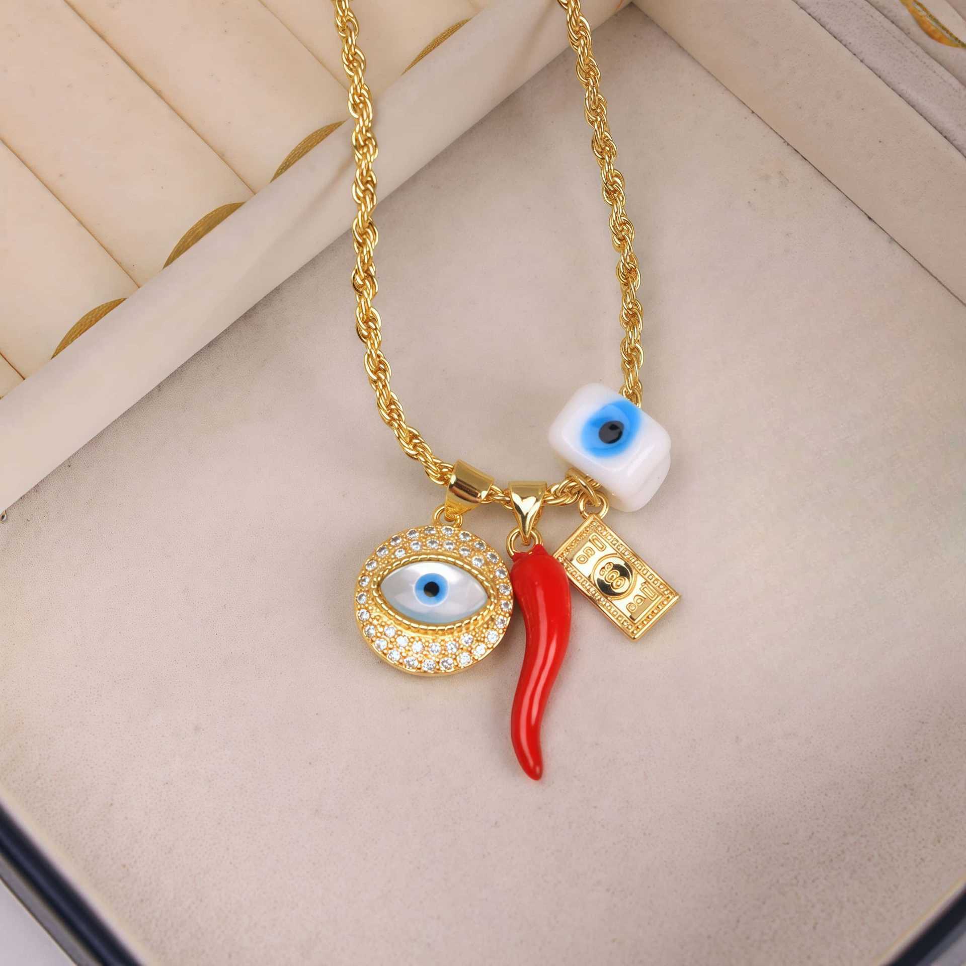 18K Gold Plated Zircon Demon Eye Necklace Women's Jewelry Lucky Charm Pendant Round And Oval Copper Alloy Material
