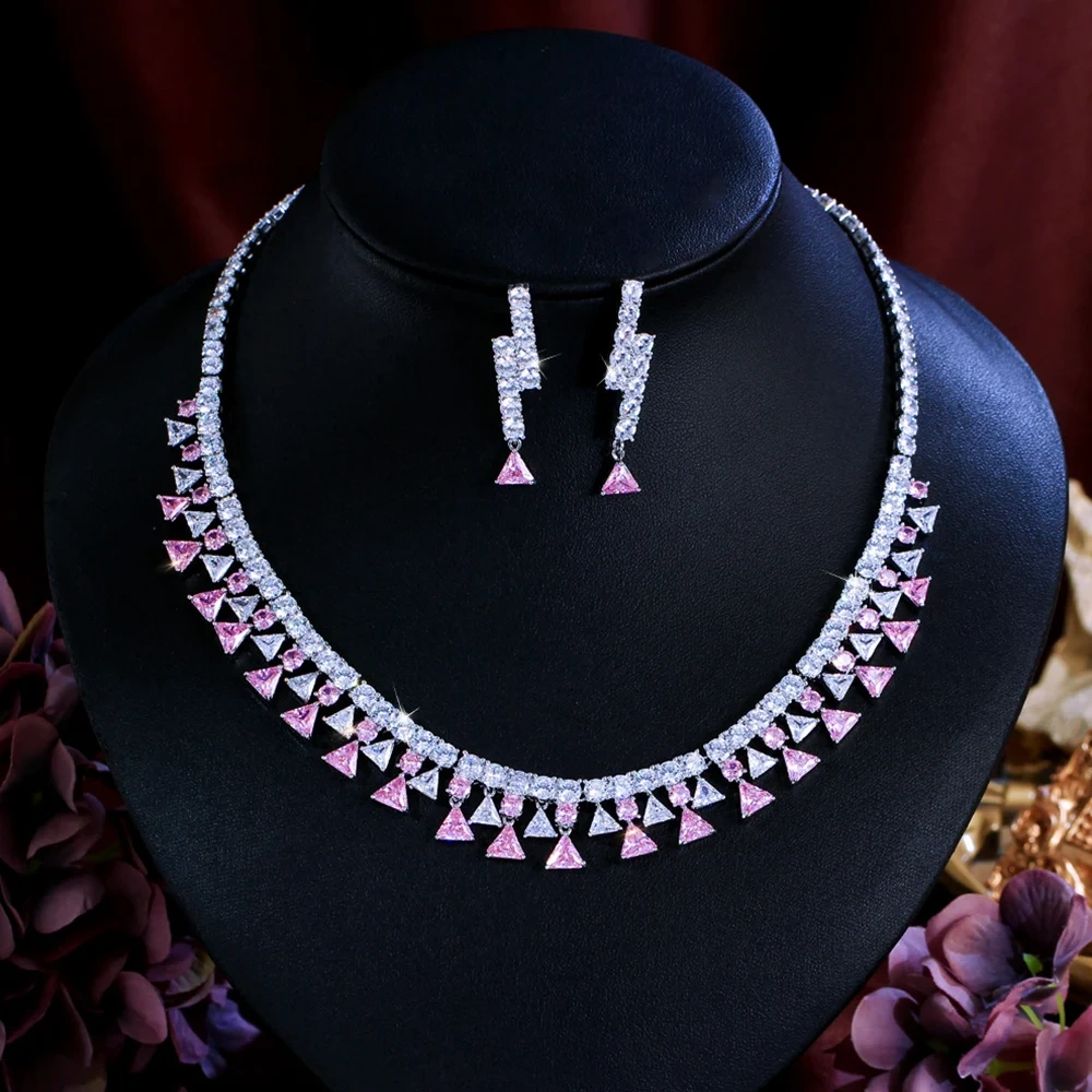 White Plated Gold Geometric Shape Inlaid White Zircon Necklace Earring Set For Women Copper Jewelry Two-Piece Set Water Plated Tennis Chain (Full Diamond Chain) Jewelry Set For Women