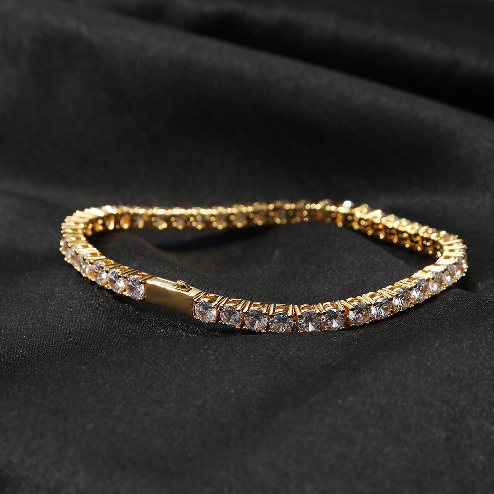 Classic Hip-Hop Single Row Bracelet 4mm Copper Inlaid Zirconia Gold-Plated Geometric Pattern Spring Clasp Fashion Simple Inlaid Diamond Bracelet Unisex