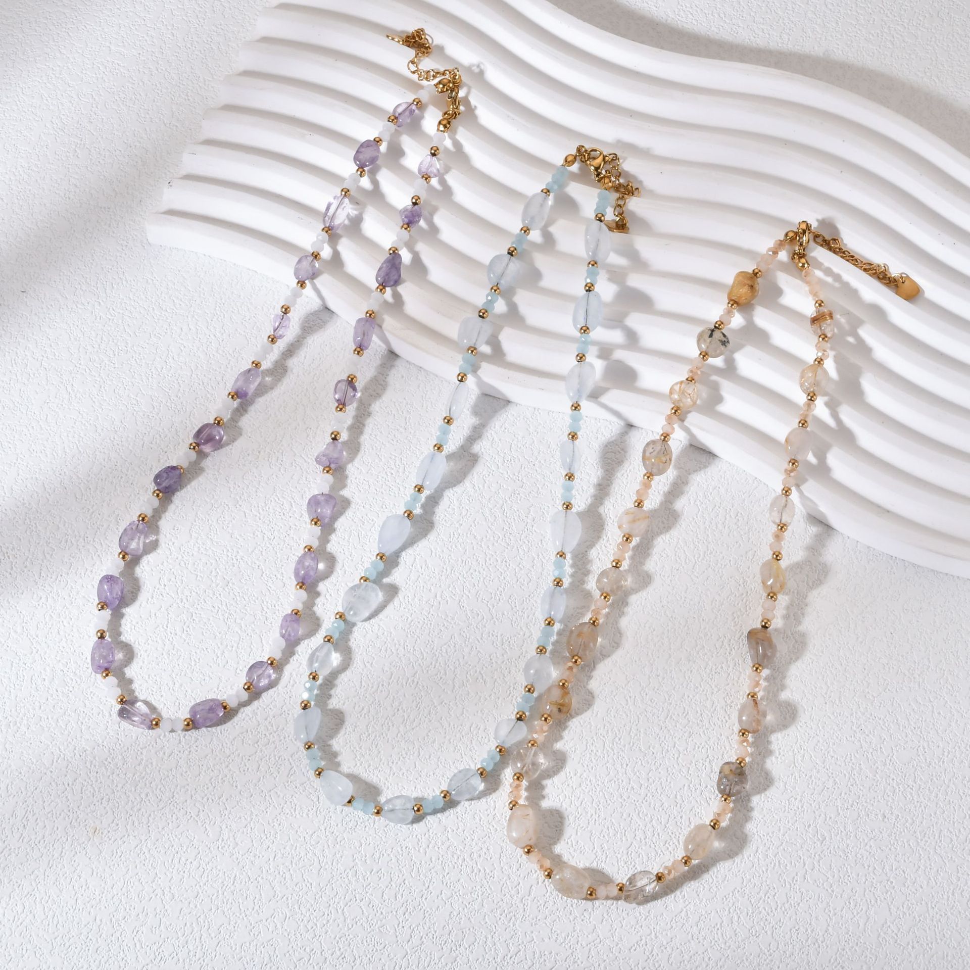 Fashionable Irregular Amethyst Hair Crystal Beaded Necklace Stainless Steel Sea Turquoise Luxury Dainty Clavicle Chain Women