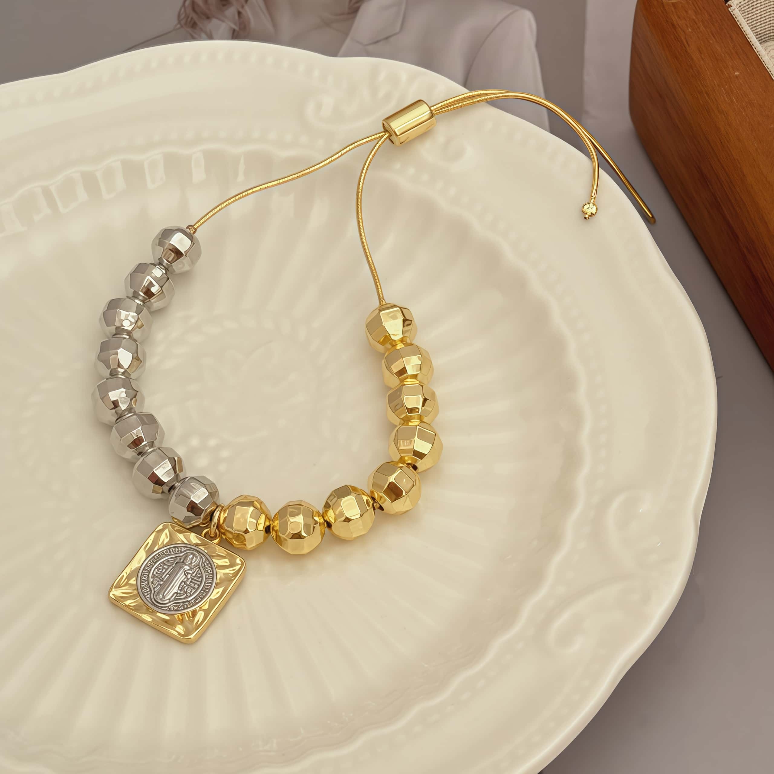 Two-tone Faceted Laser Bead Pendant Double-sided Plated Two-tone Geometric Accessories Plated With 18K Real Gold Vintage Suitable For Men And Women