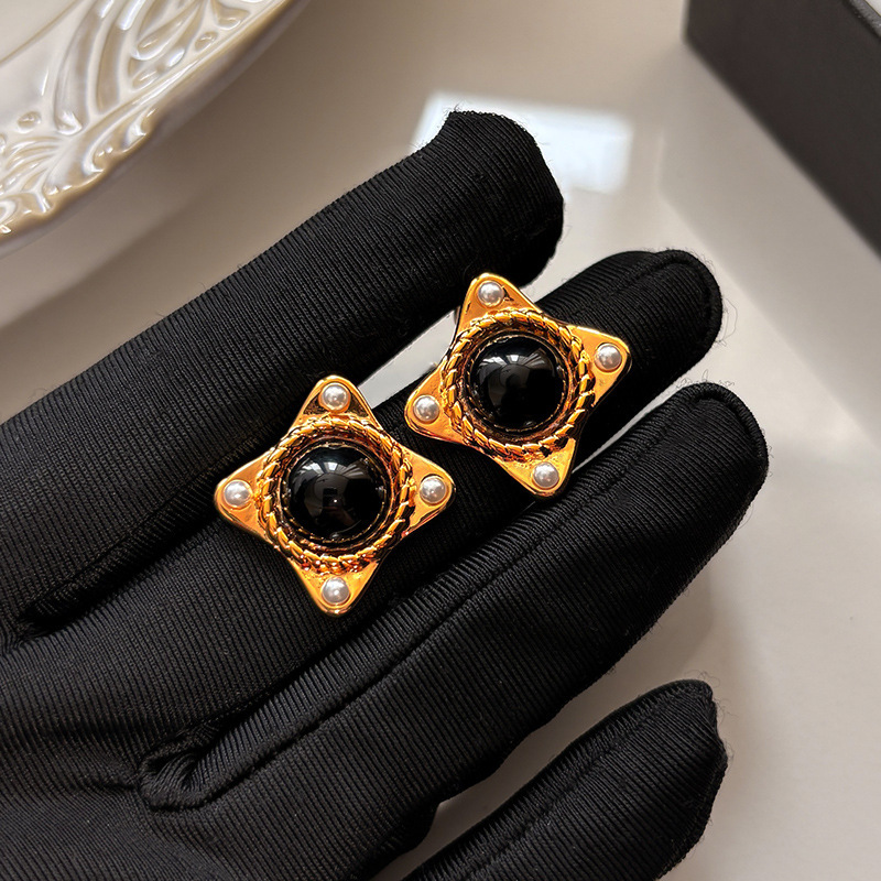 Fashionable Square Black Agate Pearl Stud Earrings Luxury Simple Stylish European Style Women's Jewelry Accessories