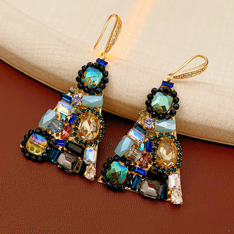 Elegant Triangular Zircon Hoop Earrings Versatile Fashionable Retro Ethnic Style Women's Jewelry Geometric Pattern Durable