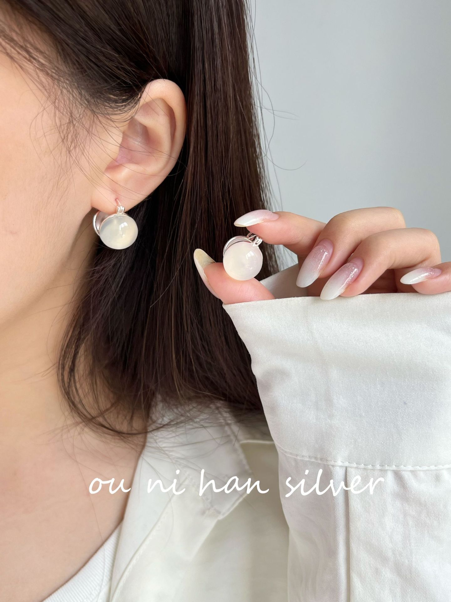 Eoni New Heavy Industry S925 Pure Silver Agate Tiger Eye White Opal Ear Cuffs Women Elegant High-End Feelings Geometric Pattern Cat's Eye Stone Inlaid Silver Earrings