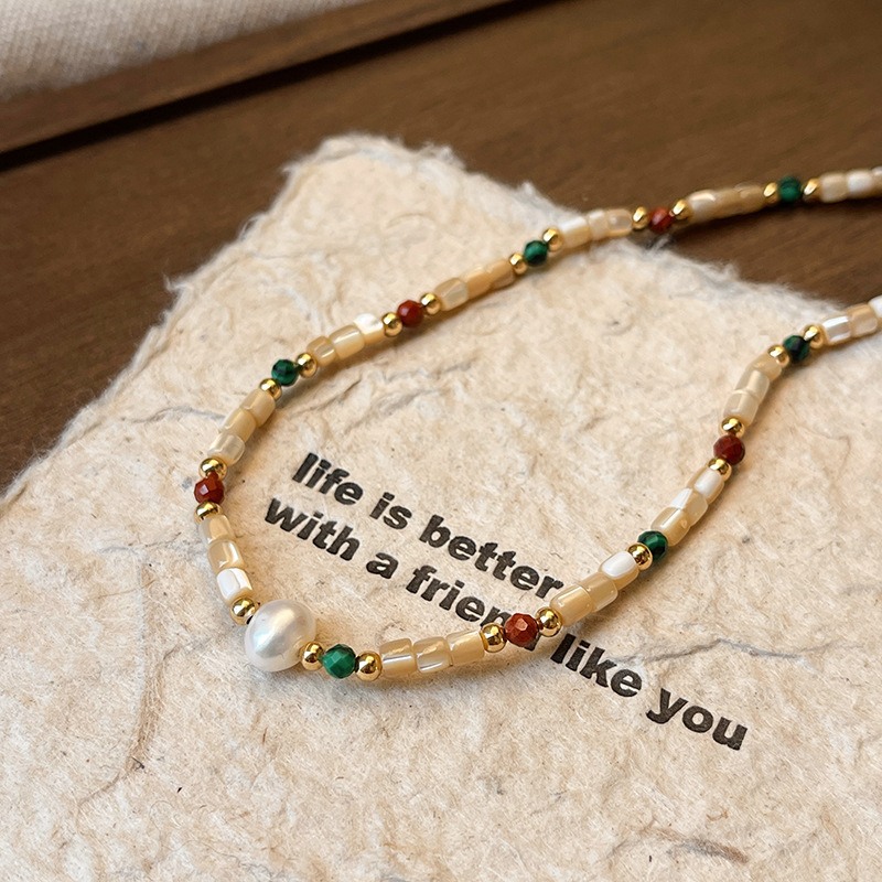 Titanium Steel Natural Stone Shell Freshwater Pearl Necklace Women Elegant Luxury Fashion Pendant Clavicle Chain Geometric Pattern