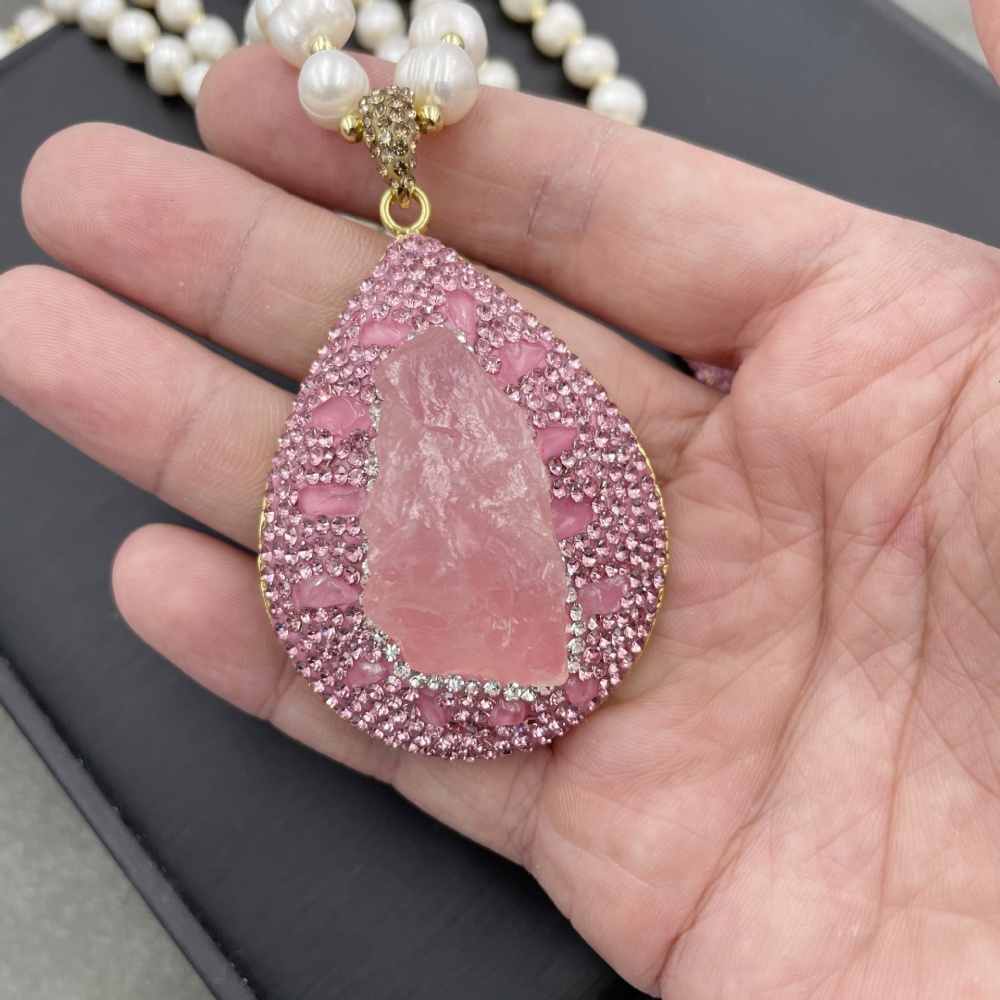 Natural Pearl Original Design Necklace Crystal Powder Gem Czech Drill Sweater Chain Autumn Winter European American Style Jewelry Accessories