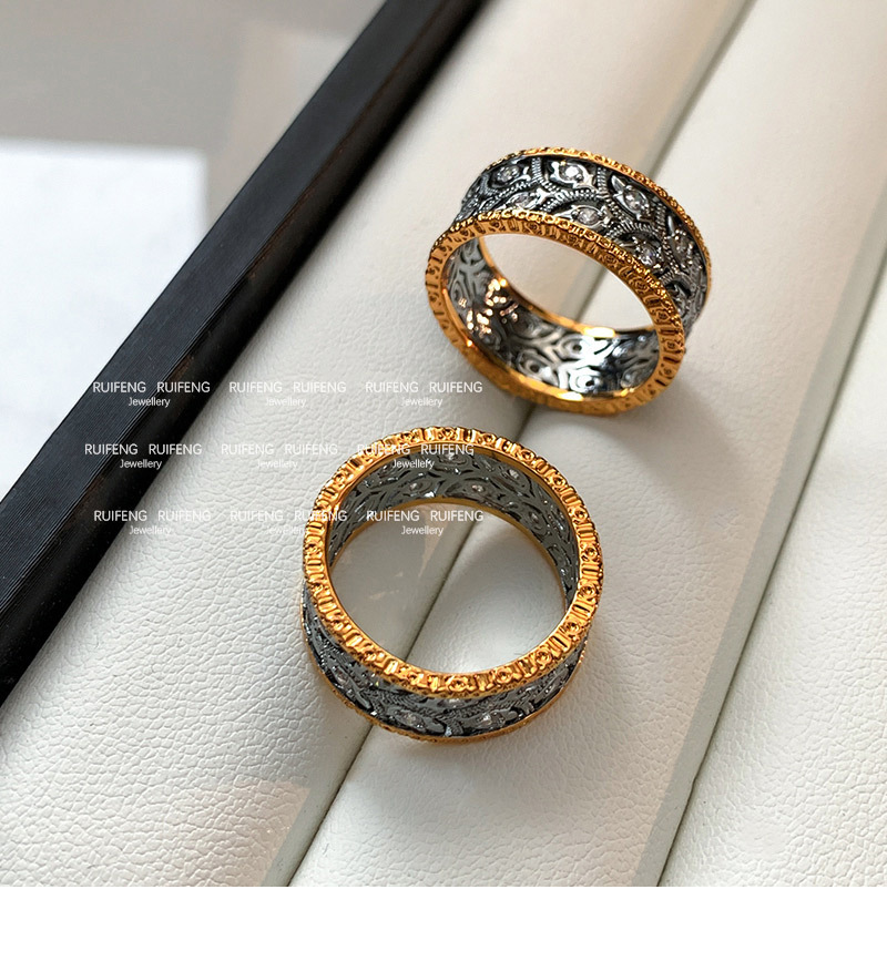 New Chinese Style Tang Pattern Grass Ring Women's Luxury Sensation Diamond Embedded Index Finger Ring French Vintage Band