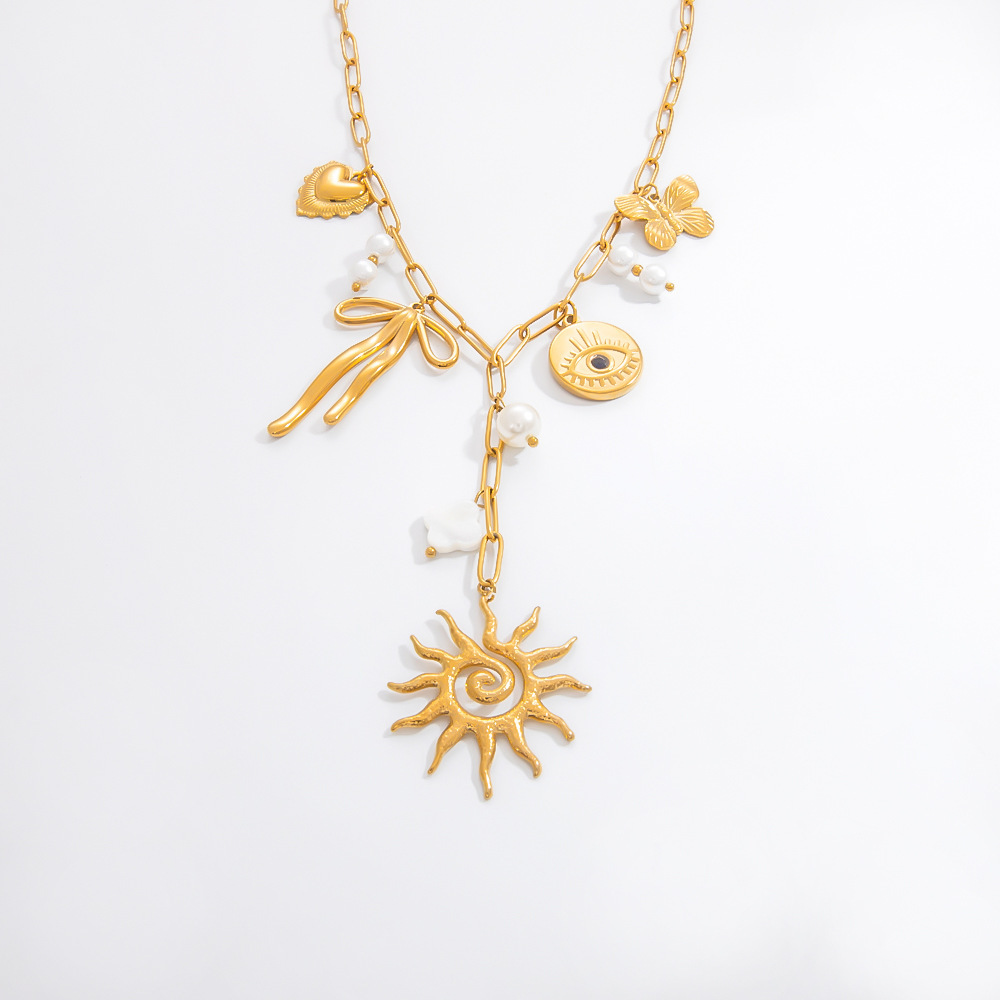 PVD Coated Real Gold Plated Sun Star Bow Knot 304 Stainless Steel Vintage Style Classic Style Waterproof Non Tarnish 304 Stainless Steel Multi Charms Necklace