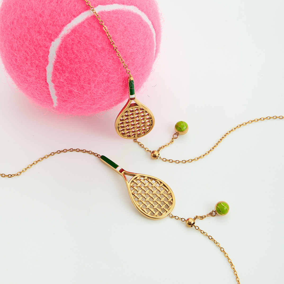 Ladies' Sporty Style Tennis Racket Pendant Necklace Bracelet Set Stainless Steel Green Drip Oil Colorful Jewelry Accessories