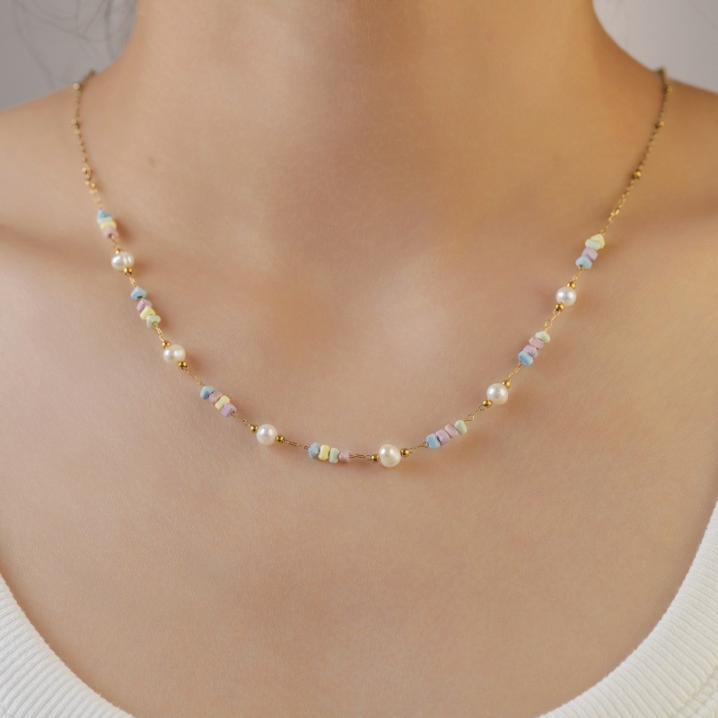 Fashion Luxury Colorful Beaded Necklace Natural Stone Choker Trendy Design Festive Atmosphere Titanium Steel Simple Craftsmanship For Women